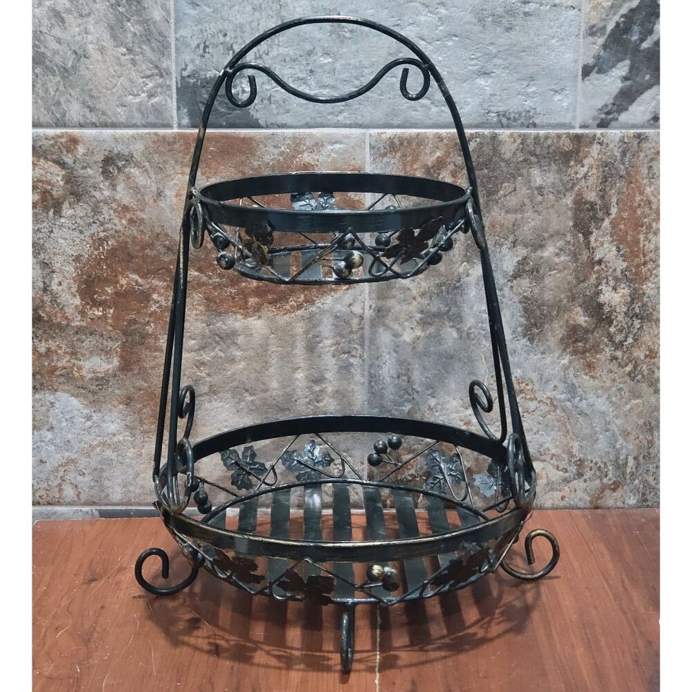 Two Tier Metal Fruit Basket Kitchen Storage Organizer 21" High Vines and Leaves